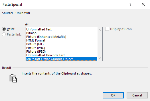 Paste Special dialog box in Word 2016