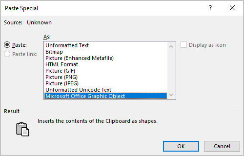 Paste Special dialog box in Word 365