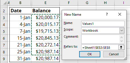 Define first range of values in Excel 365