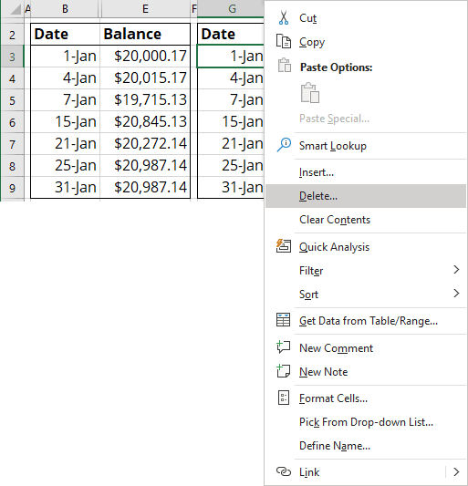 Delete in the popup menu Excel 365