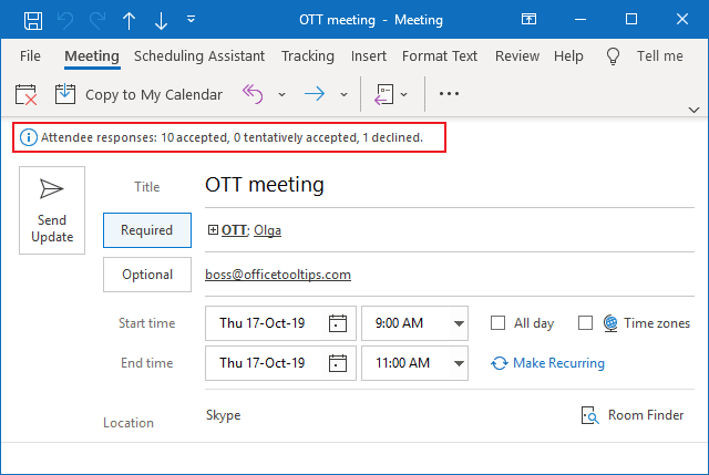 Attendee responses in Outlook 365