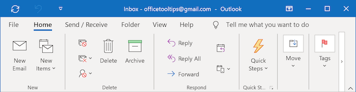 The Ribbon display in Touch Mode in Outlook 365