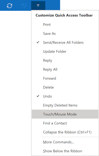 Touch/Mouse Mode command in Outlook 365
