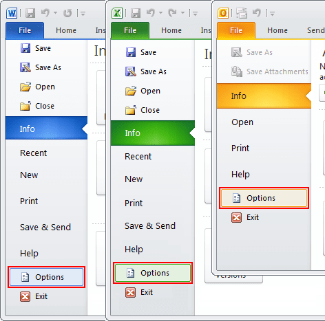 options in Office 2010