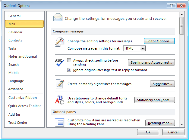 Mail Options Outlook 2010
