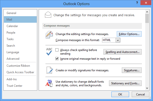 Mail Options in Outlook 2013