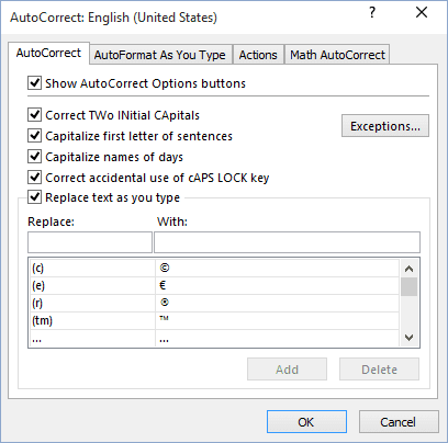 AutoCorrect options in Excel 2016