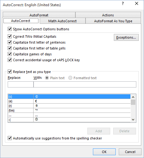 AutoCorrect options in Word 2016