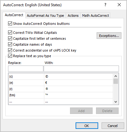 AutoCorrect options in Excel 365