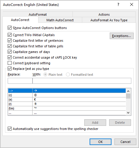 AutoCorrect options in Word for Microsoft 365 AutoCorrect options in Word 365