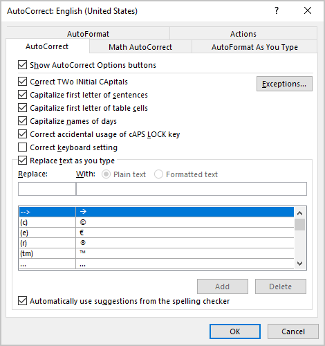 AutoCorrect options in Word 365