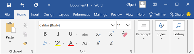 The Ribbon display in Touch Mode in Word 2016