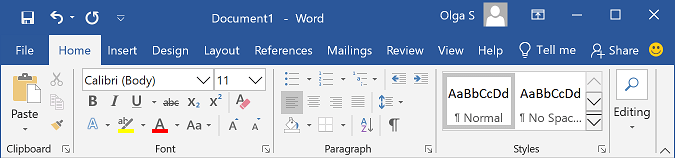 The Ribbon display in Mouse Mode in Word 2016