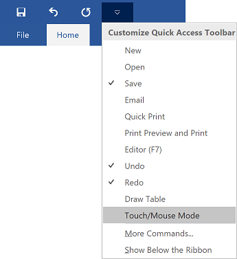 Touch/Mouse Mode command in Word 2016