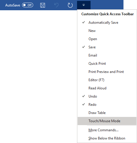 Touch/Mouse Mode command in Word 365