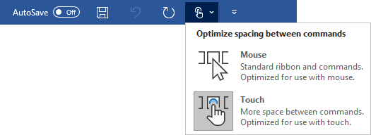 Touch/Mouse Mode command in Word 365
