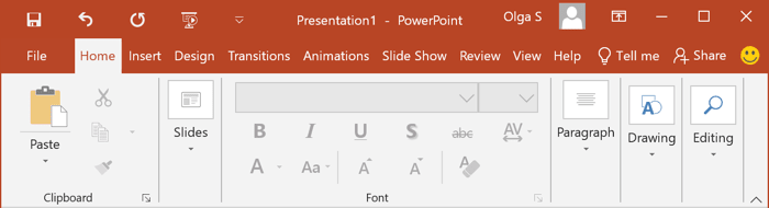 The Ribbon display in Touch Mode in PowerPoint 2016