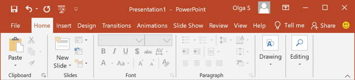 The Ribbon display in Mouse Mode in PowerPoint 2016