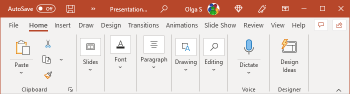 The Ribbon display in Touch Mode in PowerPoint 365