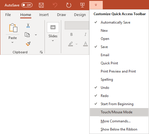 Touch/Mouse Mode command in PowerPoint 365
