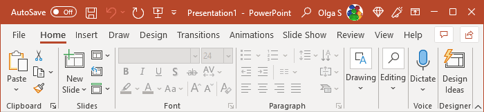 The Ribbon display in Mouse Mode in PowerPoint 365