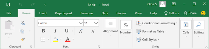 The Ribbon display in Touch Mode in Excel 2016