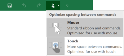 Touch/Mouse Mode command in Excel 2016