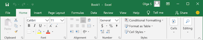 The Ribbon display in Mouse Mode in Excel 2016