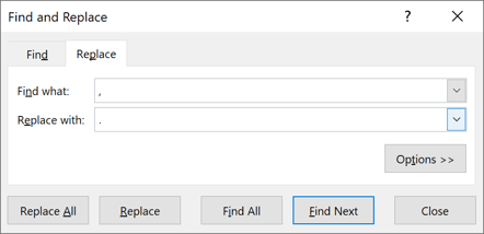 Find and Replace dialog box in Excel 2016