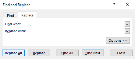 Find and Replace dialog box in Excel 365