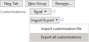 Export all customizations in Microsoft Office application 2016