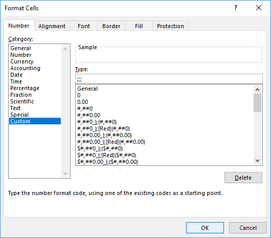 Format Cells dialog box in Excel 2016