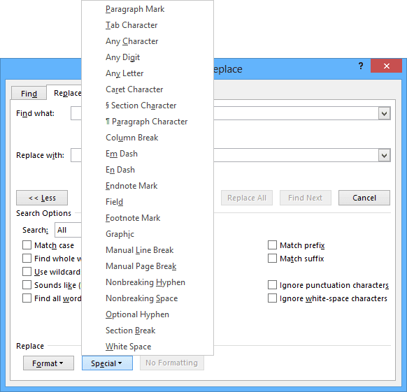 Special options in Word 2013