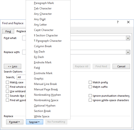 Special options in Word 2016