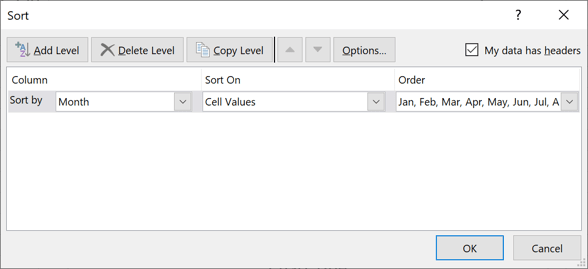 Sort dialog box in Excel 2016 Sort dialog box in Excel 2016