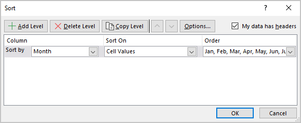 Sort dialog box in Excel 365