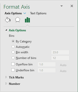 Format Axis for Histogram chart in Excel 2016