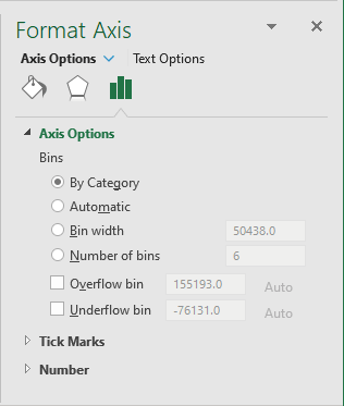 Format Axis for Histogram chart in Excel 2016