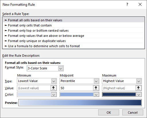 New Formatting Rule dialog box in Excel for Microsoft 365 New Formatting Rule dialog box in Excel 365