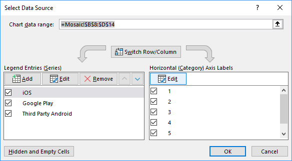 Select Data Source dialog box in Excel 2016