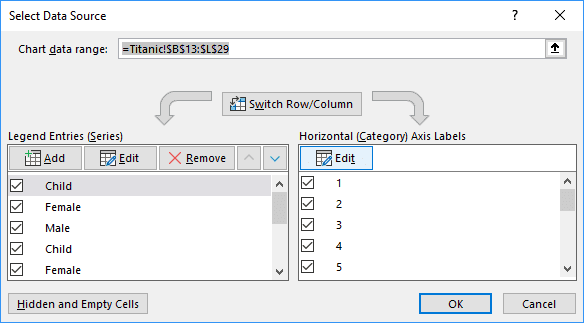 Select Data Source dialog box in Excel 2016