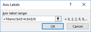 Axis Labels dialog box in Excel 2016