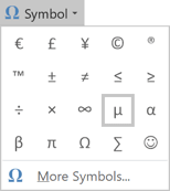 Micro sign, mu letter or mew letter in Symbols Word 2016 Micro sign, mu letter or mew letter in Symbols Word 2016
