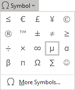 Micro sign, mu letter or mew letter in Symbols Word 365