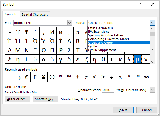 Greek and Coptic in Symbols Word 2016