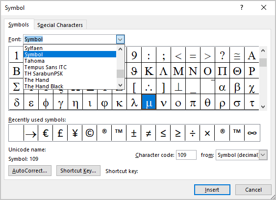 Symbol font in Symbols Word 2016