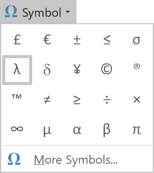 The lambda in Symbols Word 2016