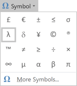 The lambda in Symbols Word 2016 The lambda in Symbols Word 2016