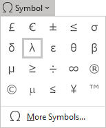 The lambda in Symbols Word 365
