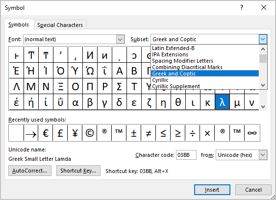 Greek and Coptic in Symbols Word 2016